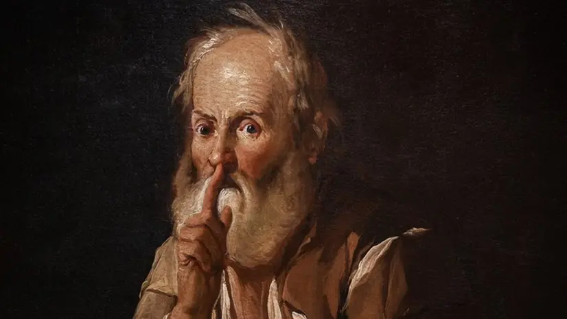 Un particolare di «Vecchio che invita al silenzio» di Antonio Cifrondi