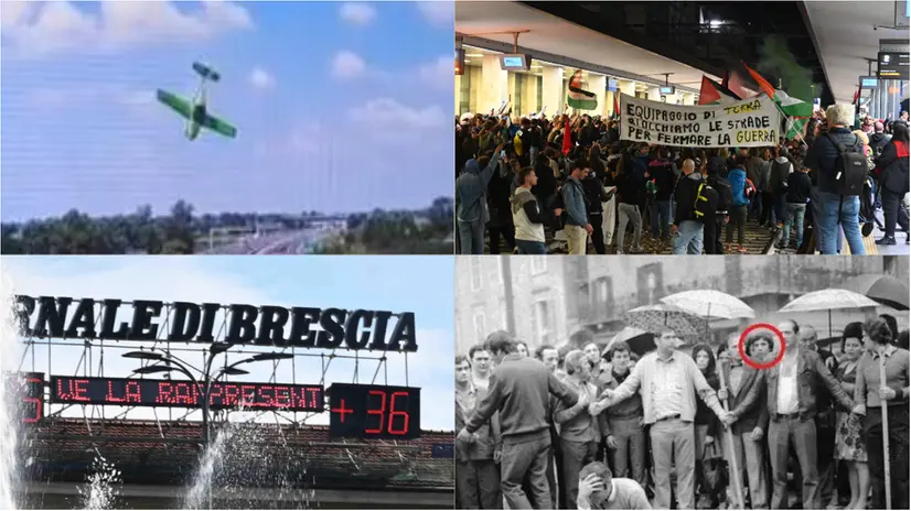 Alcune delle notizie del 2025 bresciano, in senso orario: l'ultraleggero in Corda Molle, le manifestazioni pro-Pal, la sentenza Toffaloni e il caldo record