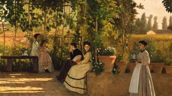 Silvestro Lega, Il pergolato (1868; olio su tela, 75 x 93,3 cm; Milano, Pinacoteca di Brera)