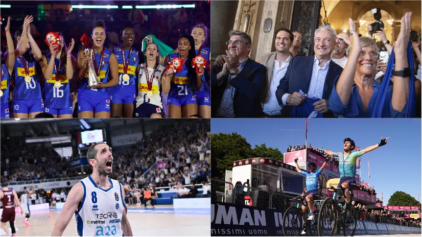 Da sinistra, in alto: Anna Danesi festeggia il Mondiale, nasce l'Union Brescia, l'esultanza di Della Valle, Scaroni vince al Giro