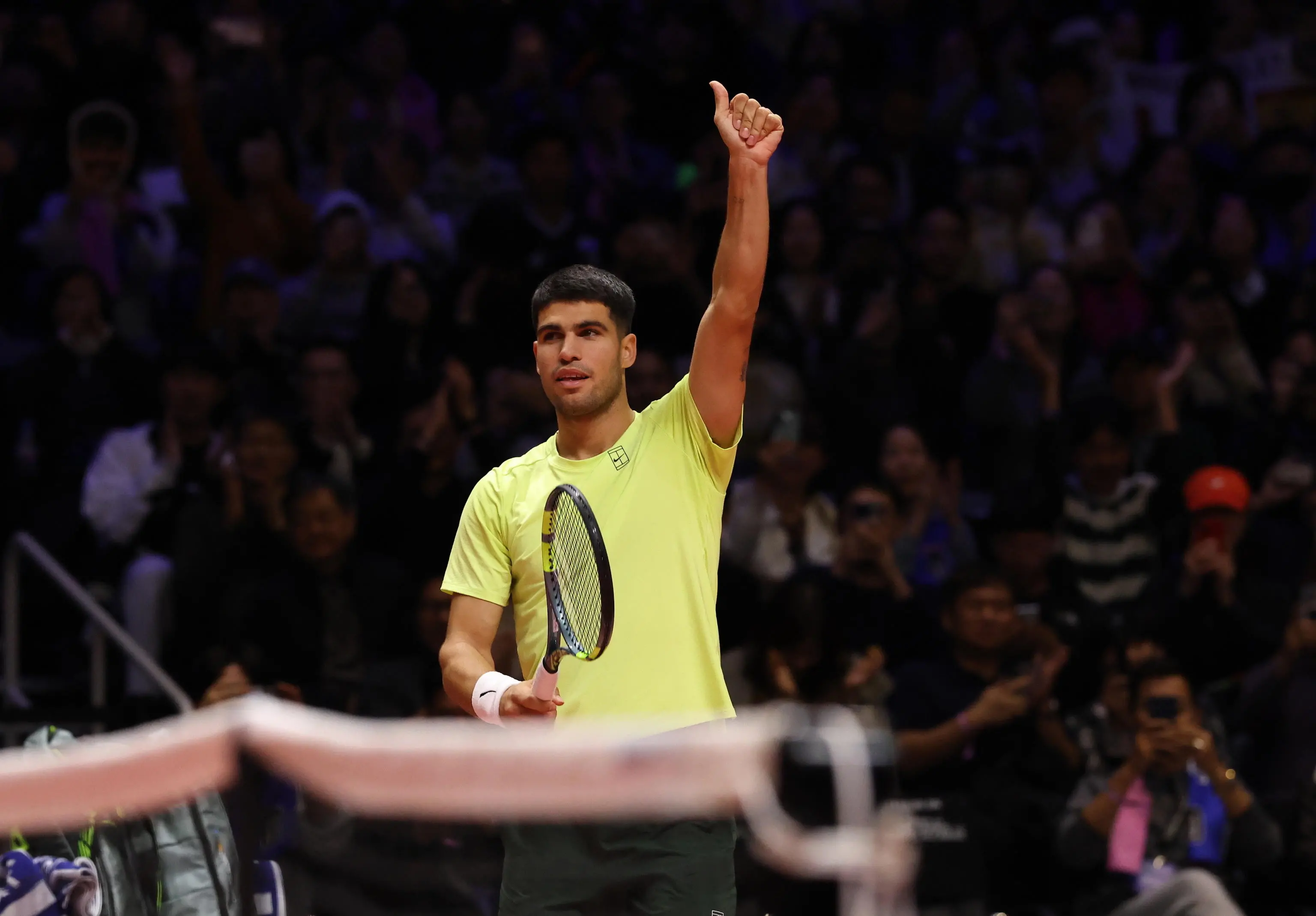 epa12639945 Carlos Alcaraz of Spain celebrates after winning the Hyundai Card Super Match against Jannik Sinner of Italy in Incheon, South Korea, 10 January 2026. EPA/HAN MYUNG-GU