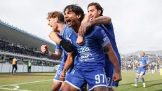 Cazzadori esulta dopo il gol - Foto New Reporter Nicoli © www.giornaledibrescia.it