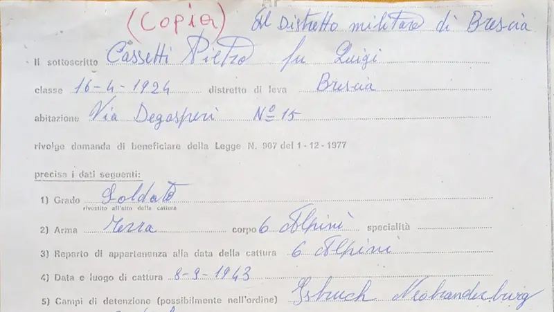 Il foglio matricolare di Pietro Cassetti