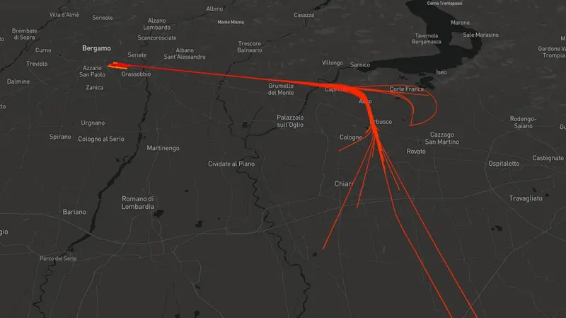 Quando il traffico è intenso, si utilizza la rotta prediletta fino al 2022, quella che passa su Rovato, Passirano e Corte Franca - Fonte FlightBeat