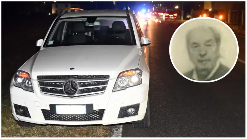 L'auto che ha investito Giovanni Serena e, nel tondo, la vittima - © www.giornaledibrescia.it