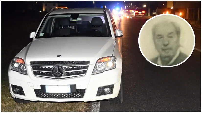 L'auto che ha investito Giovanni Serena e, nel tondo, la vittima - © www.giornaledibrescia.it