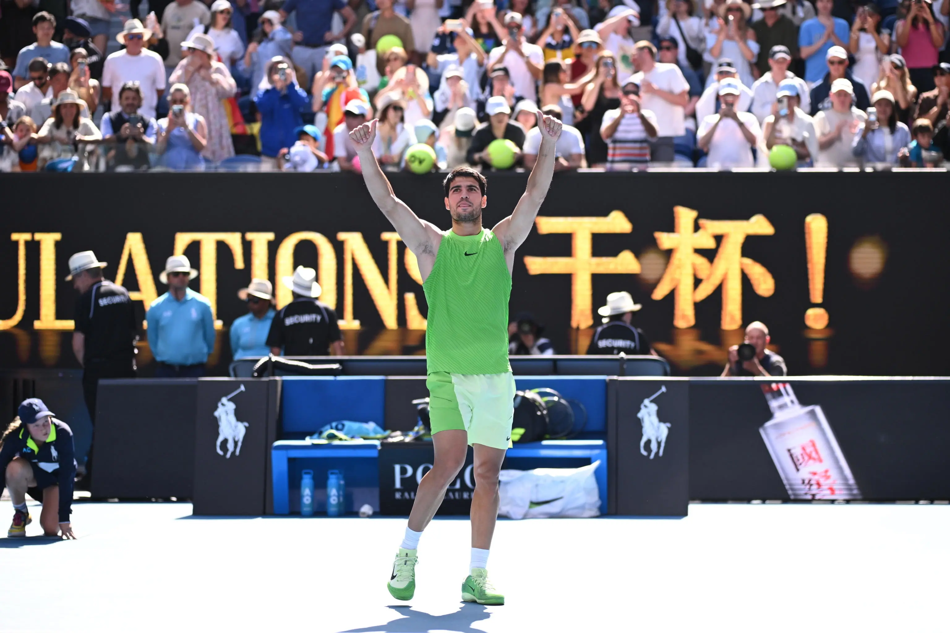epa12678913 Carlos Alcaraz of Spain celebrates victory over Tommy Paul of the USA during their men’s fourth round match on day 8 of the 2026 Australian Open tennis tournament at Melbourne Park in Melbourne, Australia, 25 January 2026. EPA/ROB PREZIOSO AUSTRALIA AND NEW ZEALAND OUT