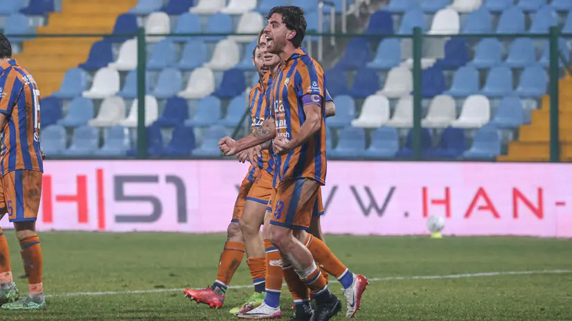 Balestrero esulta dopo il gol - Foto New Reporter Nicoli © www.giornaledibrescia.it