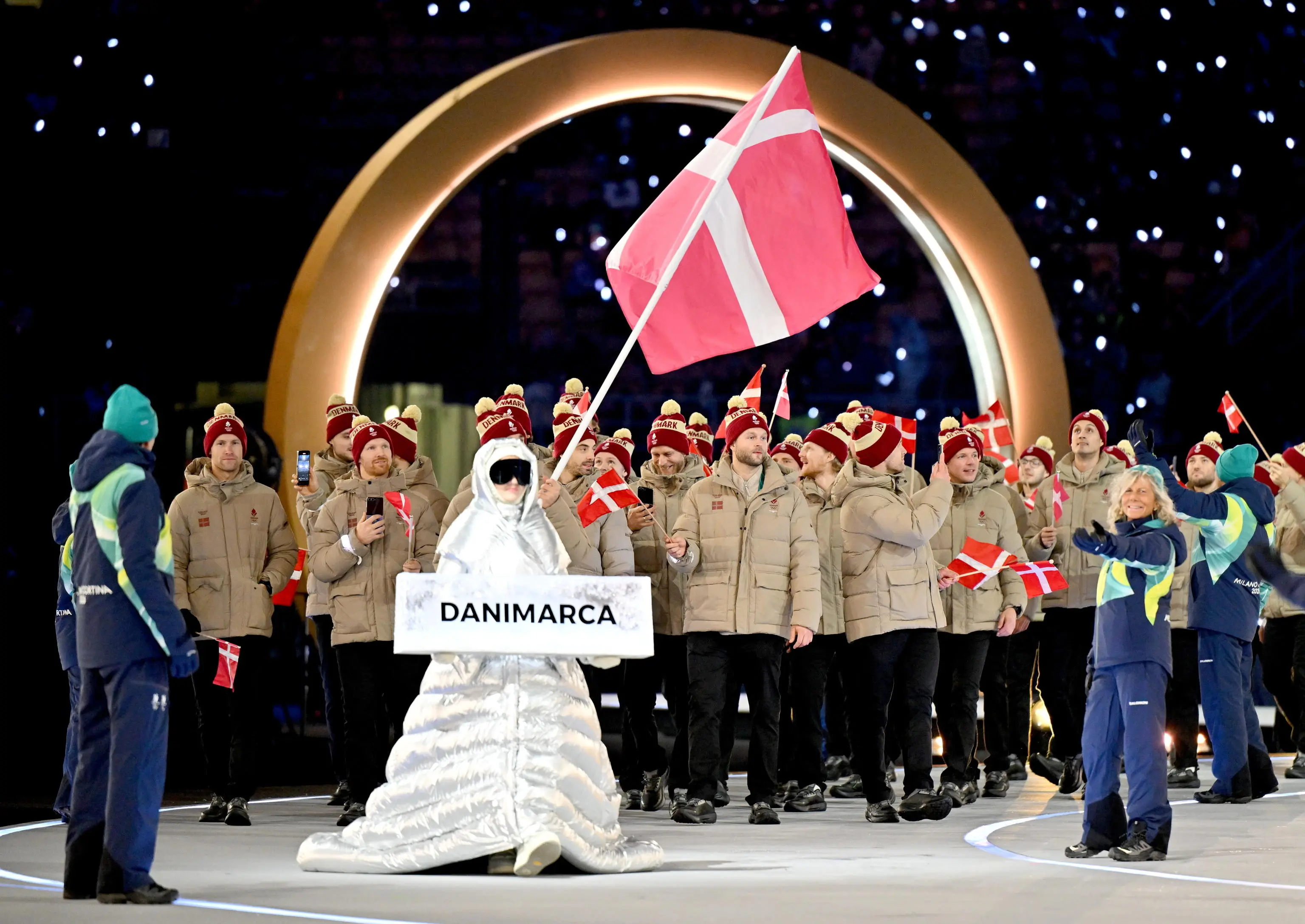 epa12710615 The delegation of Denmark arrive to the Opening Ceremony at the Milano Cortina 2026 Winter Olympic Games at the San Siro Stadium, in Milan, Italy, 06 February 2026. EPA/PETER KNEFFEL / POOL