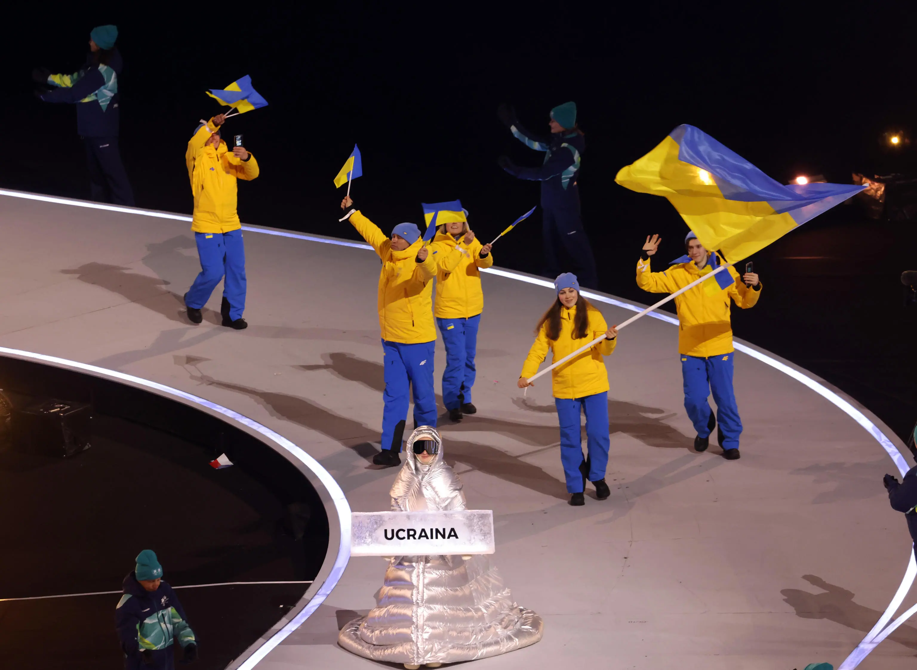 Ukrainian athletes parade during the opening ceremony of Milano Cortina 2026 Winter Olympic Games at the Giuseppe Meazza stadium in Milan, Italy, 06 February 2026. ANSA / MATTEO BAZZI