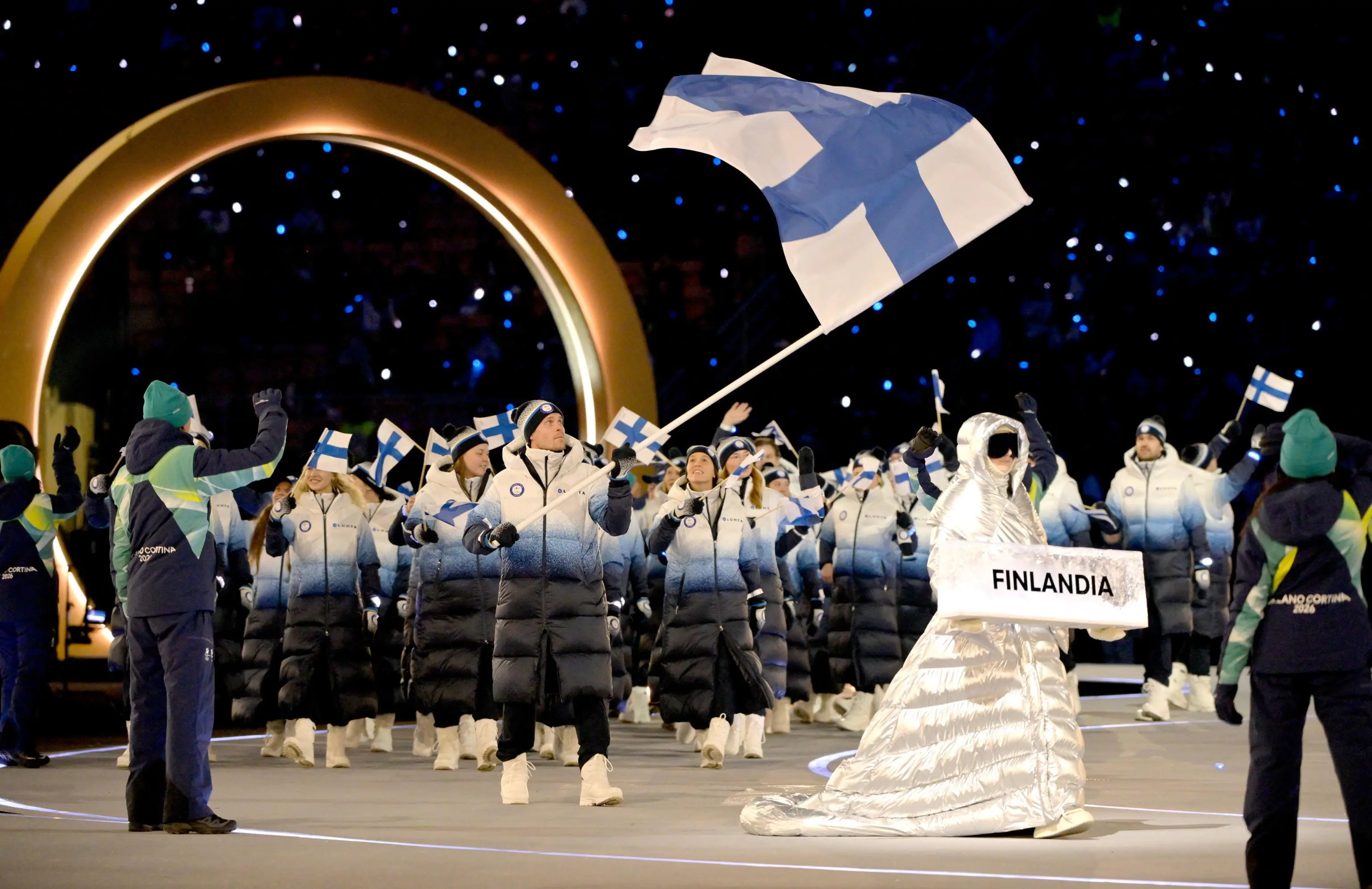 epa12710605 The delegation of Finland arrive to the Opening Ceremony at the Milano Cortina 2026 Winter Olympic Games at the San Siro Stadium, in Milan, Italy, 06 February 2026. EPA/PETER KNEFFEL / POOL