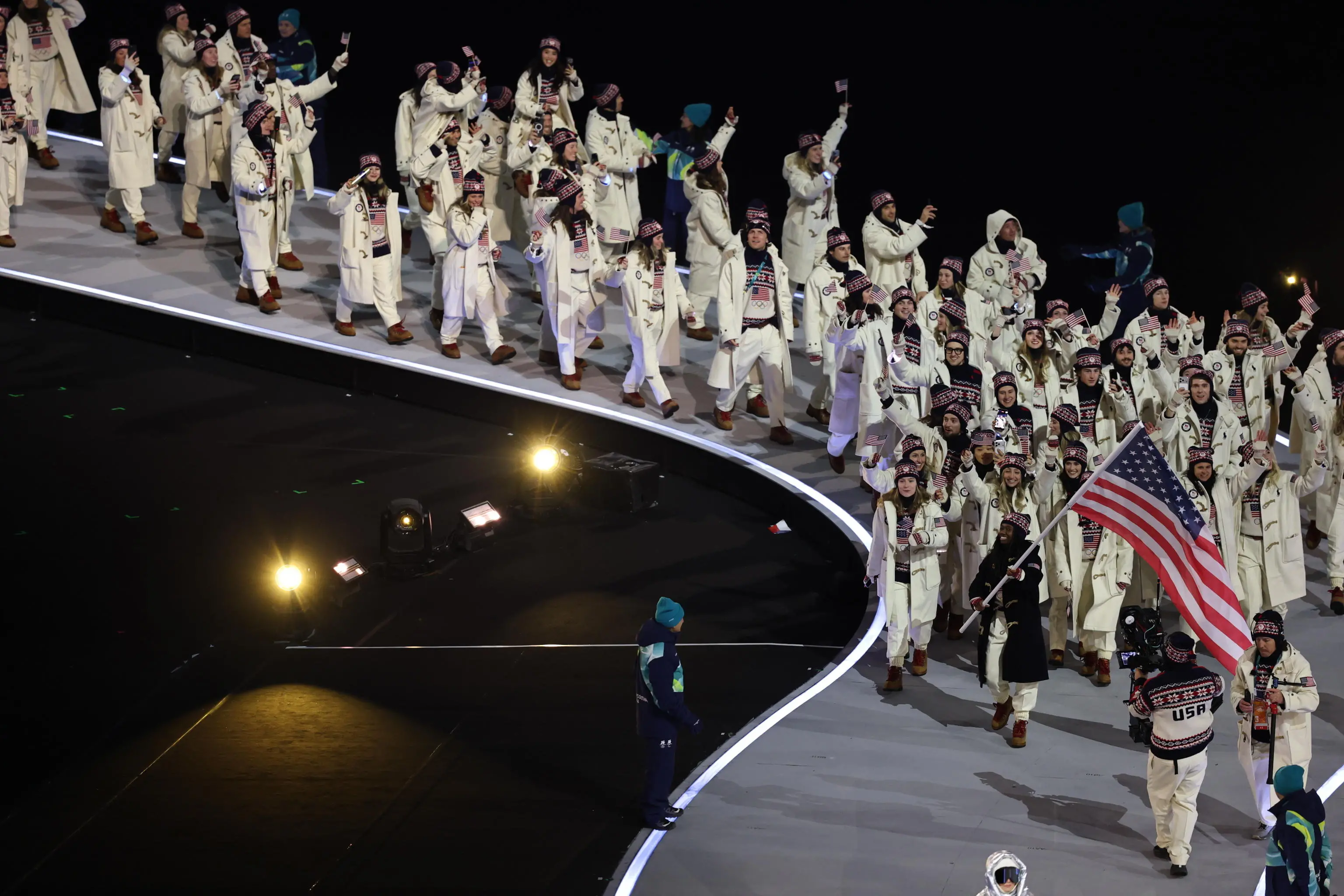 epa12710669 The delegation of the USA arrives to the Opening Ceremony of the Milano Cortina 2026 Winter Olympic Games, in Milan, Italy, 06 February 2026. EPA/NEIL HALL