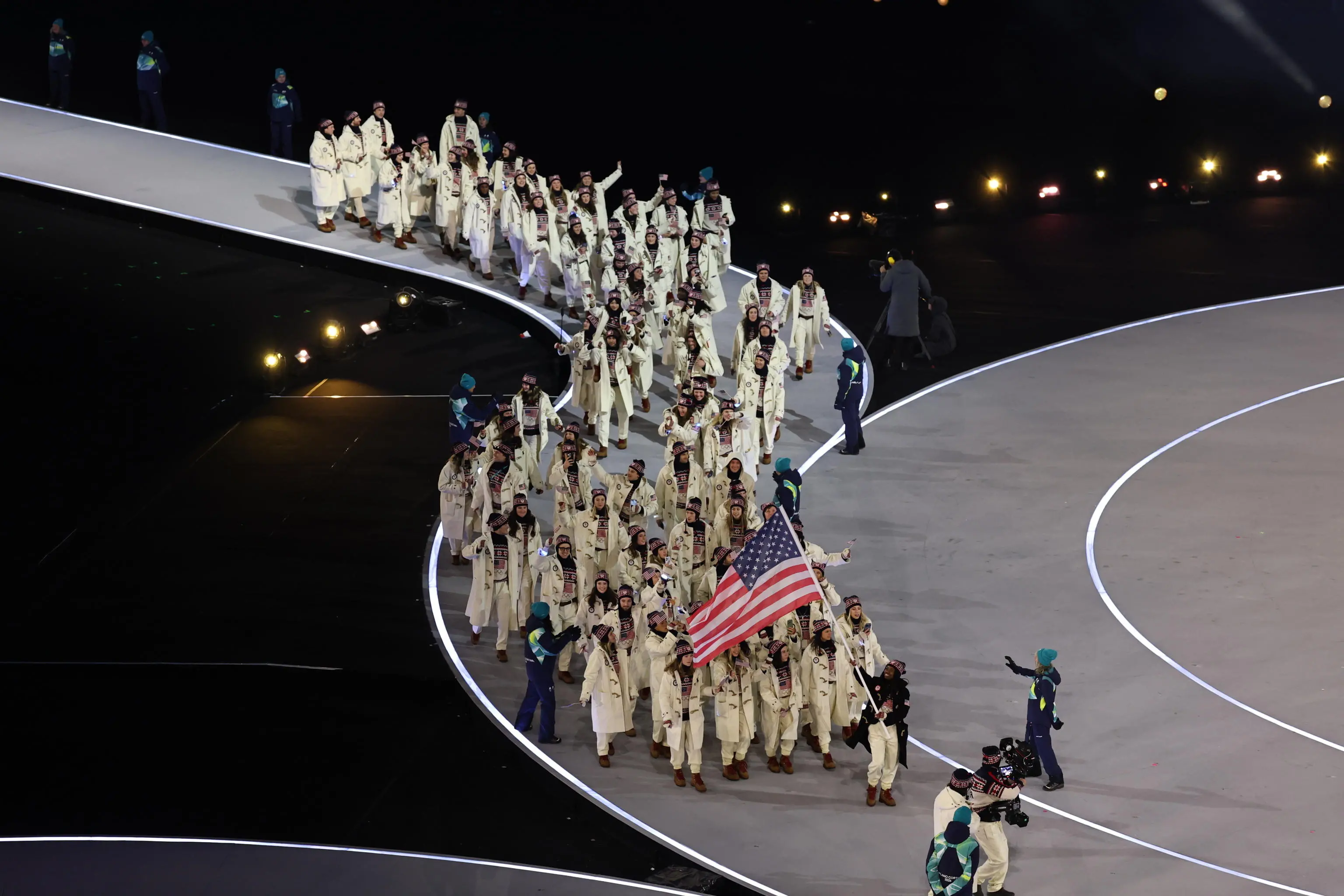 epa12710663 The delegation of the USA arrives to the Opening Ceremony of the Milano Cortina 2026 Winter Olympic Games, in Milan, Italy, 06 February 2026. EPA/NEIL HALL