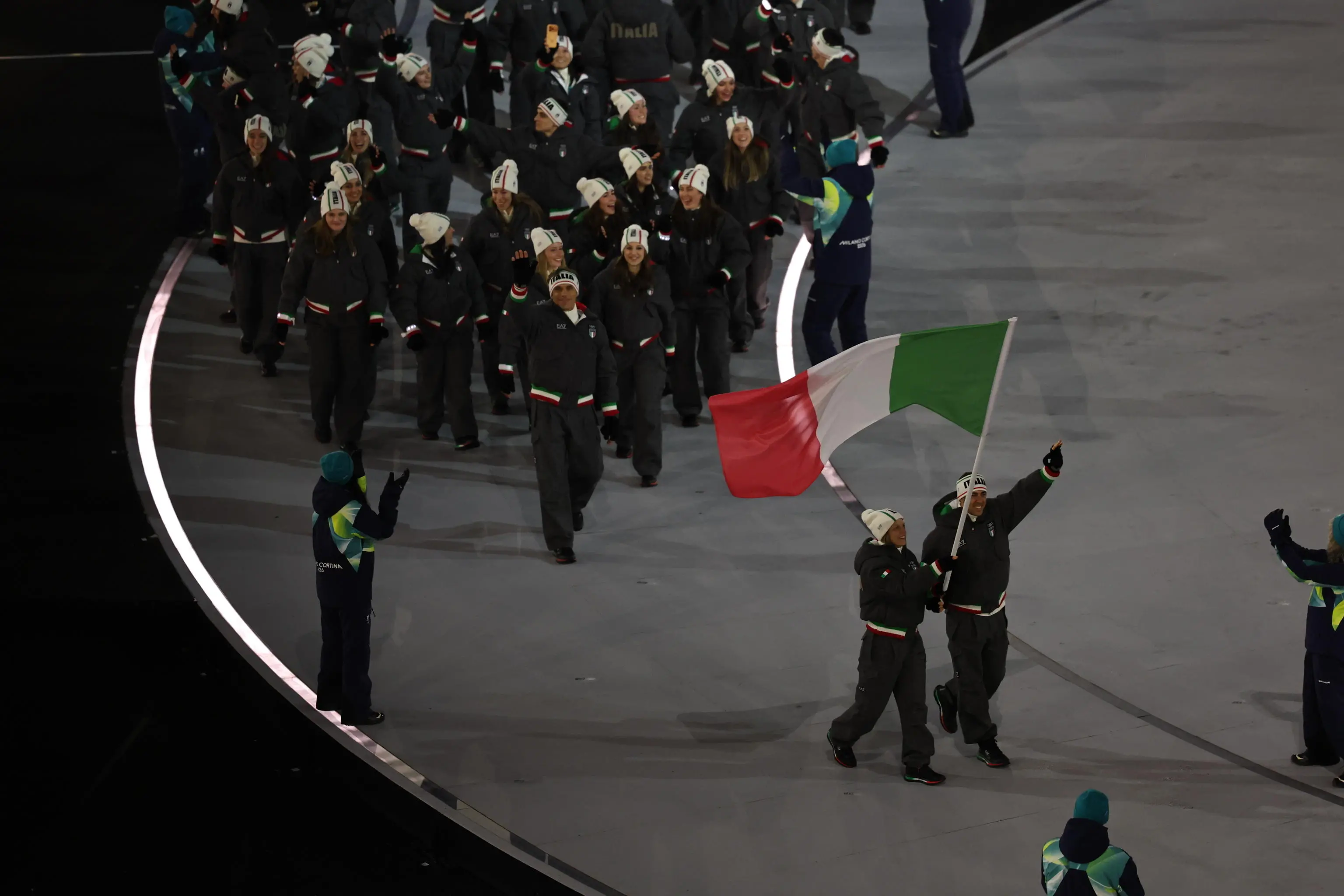 epa12710686 The delegation of Italy arrives to the Opening Ceremony of the Milano Cortina 2026 Winter Olympic Games, in Milan, Italy, 06 February 2026. EPA/NEIL HALL