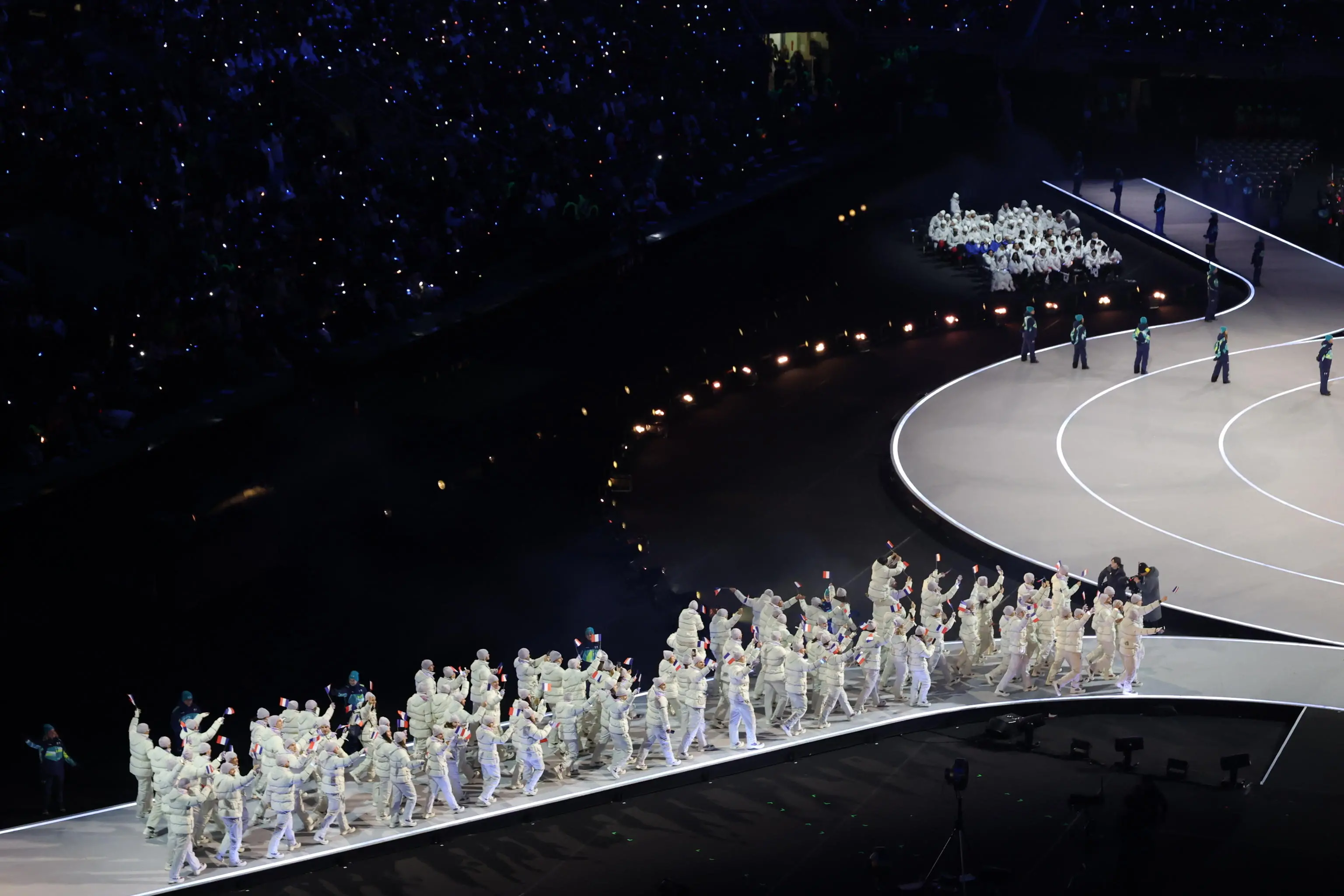 epa12710697 The delegation of France arrives during the Opening Ceremony of the Milano Cortina 2026 Winter Olympic Games, in Milan, Italy, 06 February 2026. EPA/FAZRY ISMAIL