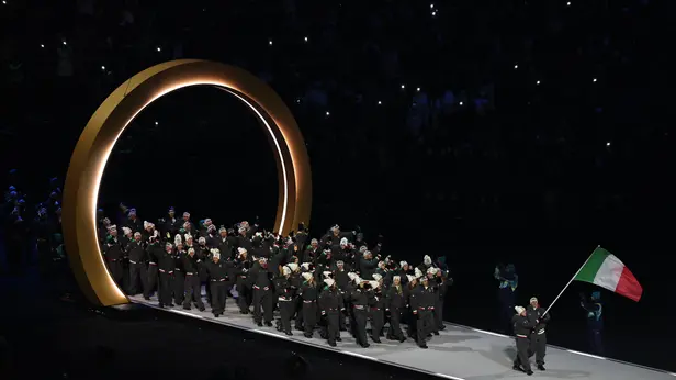 epa12710684 The delegation of Italy arrives to the Opening Ceremony of the Milano Cortina 2026 Winter Olympic Games, in Milan, Italy, 06 February 2026. EPA/NEIL HALL