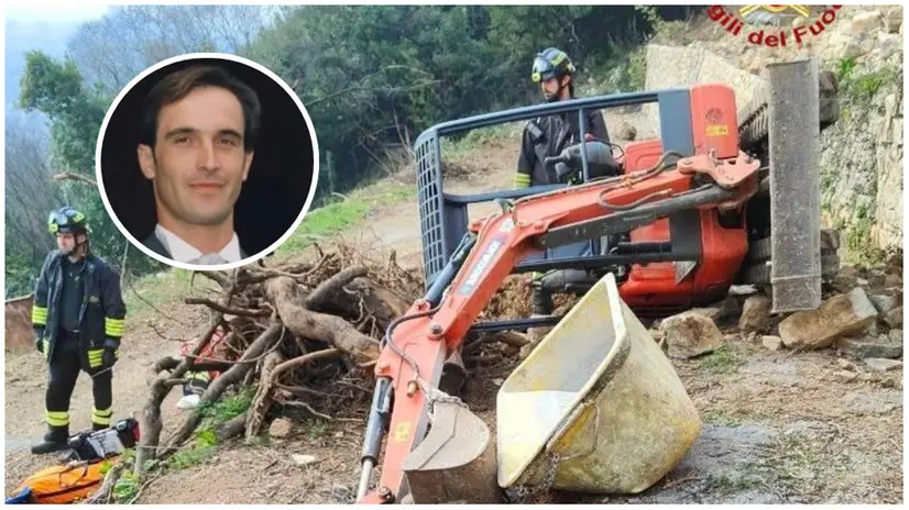 La ruspa ribaltata e, nel tondo, Marco Turra © www.giornaledibrescia.it