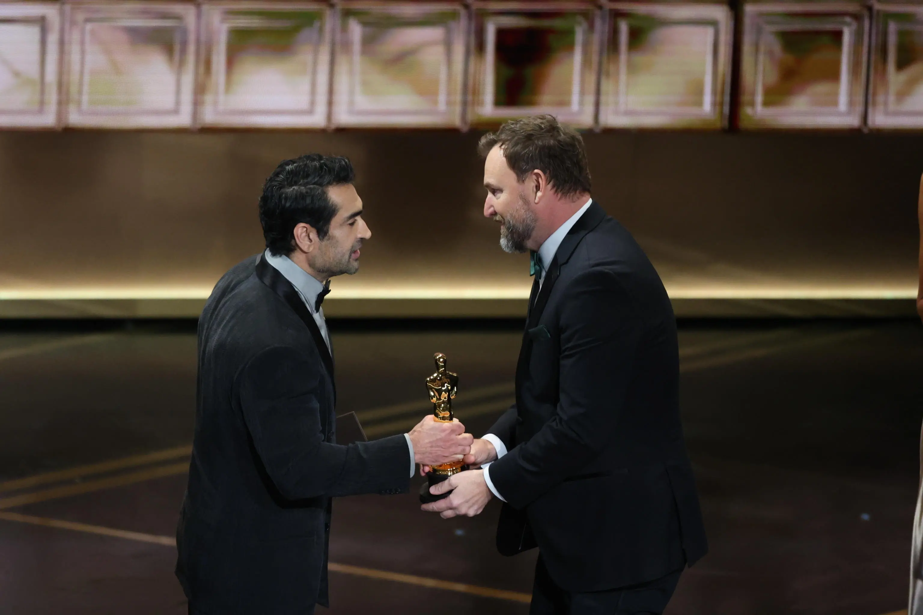 epa12824569 Kumail Nanjiani (L) present Jack Piatt with the Oscar for best Best Live Action Short Film for "The Singers" during the the 98th annual Academy Awards ceremony at the Dolby Theatre in Los Angeles, California, USA, 15 March 2026. EPA/CHRIS TORRES