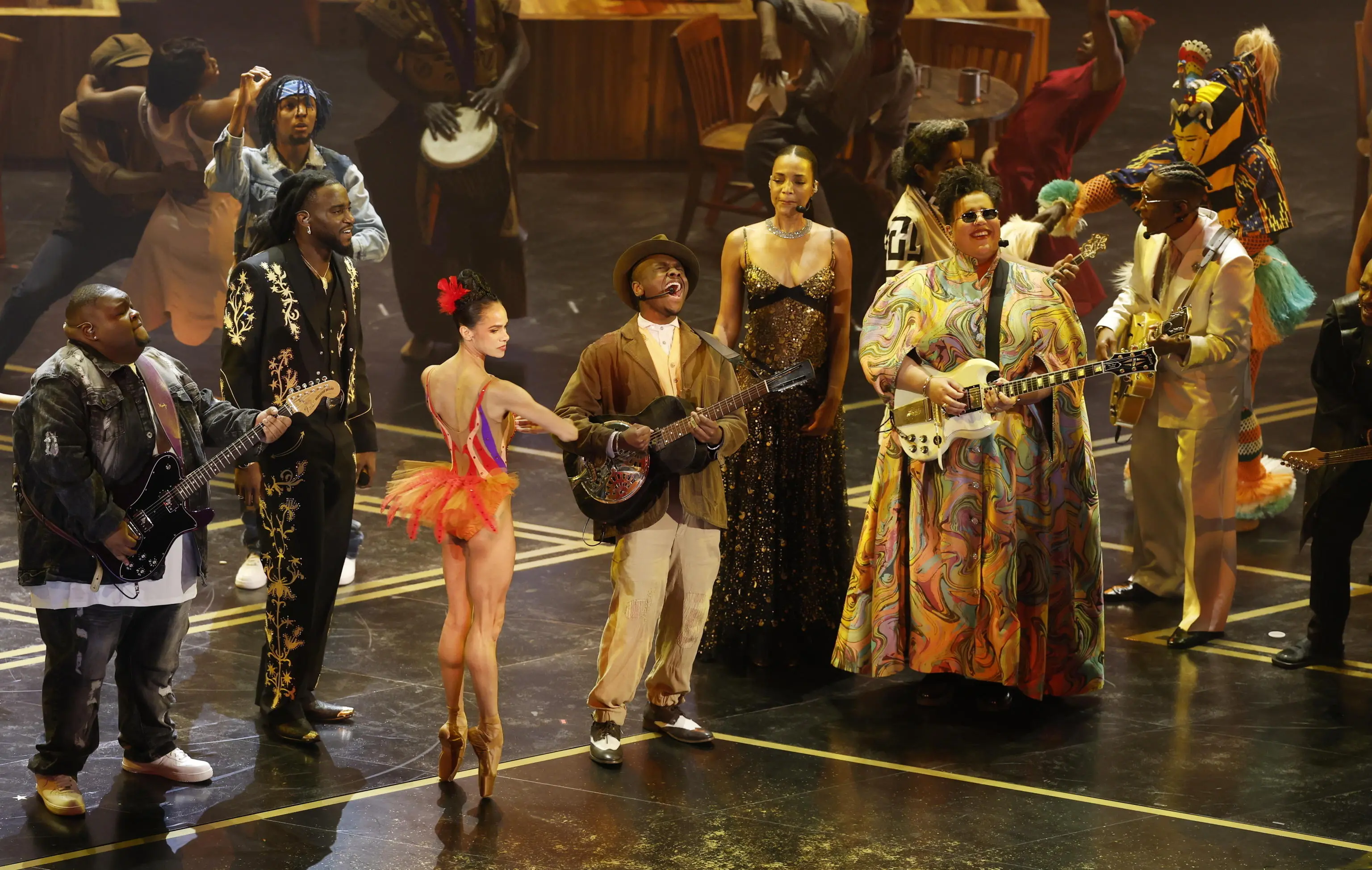 epa12823657 Miles Caton (C) and Misty Copeland (centre L) perform in Sinners' Oscar-nominated original song, I Lied To You, during the 98th annual Academy Awards ceremony at the Dolby Theatre in Los Angeles, California, USA, 15 March 2026. EPA/CHRIS TORRES