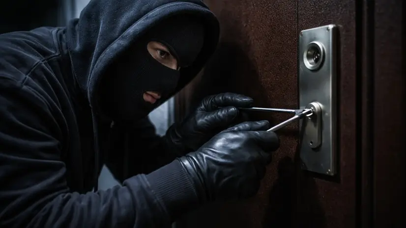 Uno scassinatore cerca di violare la serratura di una porta blindata