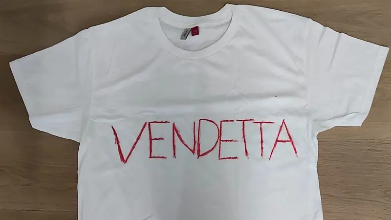 La maglietta indossata dal 13enne con la scritta «vendetta» © www.giornaledibrescia.it