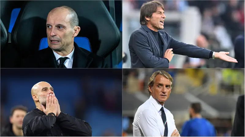 Da sinistra, in alto: Massimiliano Allegri, Antonio Conte, Pep Guardiola e Roberto Mancini