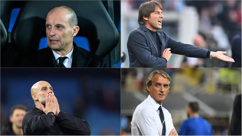 Da sinistra, in alto: Massimiliano Allegri, Antonio Conte, Pep Guardiola e Roberto Mancini