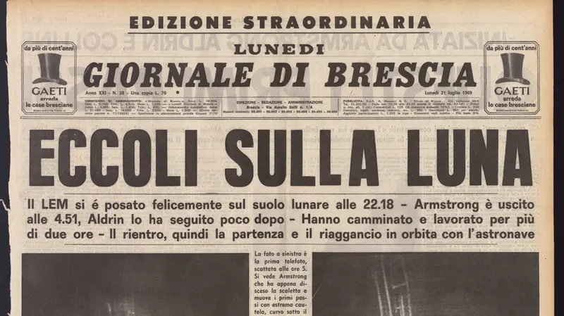 La prima pagina del GdB del 21 luglio 1969 © www.giornaledibrescia.it