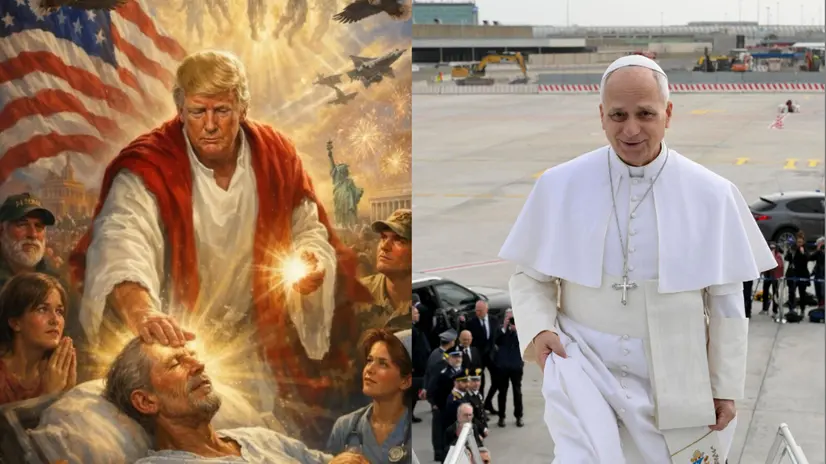 Un'immagine generata con AI e pubblicata su Truth da Trump e, sulla destra, papa Leone XIV