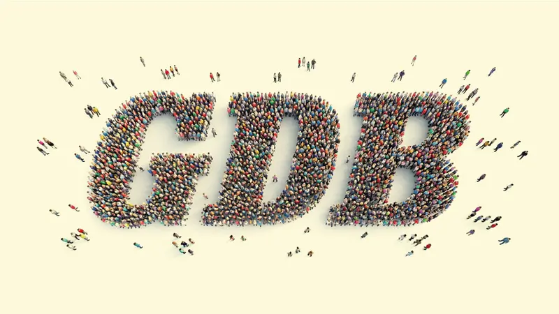 Nell'immagine della campagna GdB+, una folla compone il logo del giornale