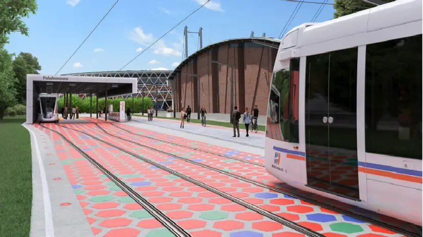 Il tram come dovrebbe presentarsi alla fermata del PalaLeonessa - © www.giornaledibrescia.it
