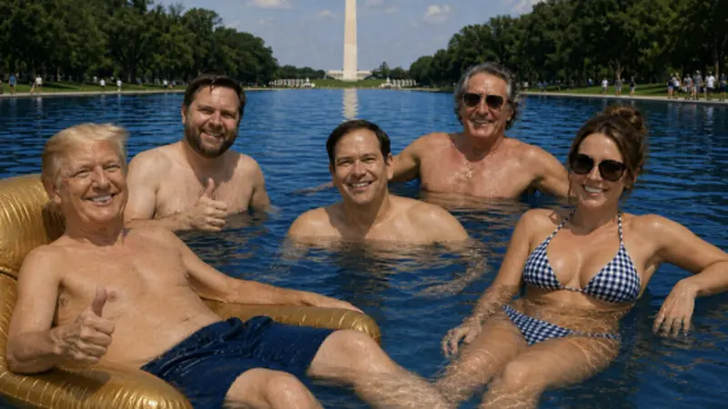 Trump nel laghetto davanti all’obelisco di Washington insieme ai suoi più fidati collaboratori: l'ultima provocazione del presidente Usa - Foto Ansa © www.giornaledibrescia.it