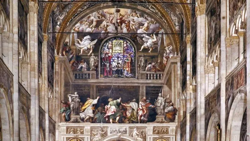 Un particolare dell’Ascensione dipinta da Lattanzio Gambara nel Duomo di Parma