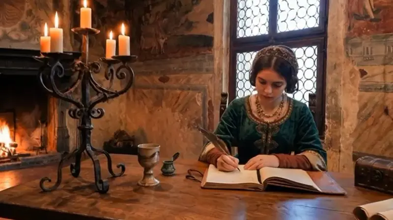 Una ricostruzione di Medea Colleoni mentre scrive il diario immaginario scritto da Paolo Aresi © www.giornaledibrescia.it