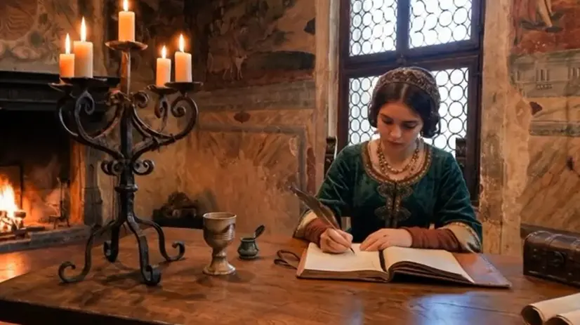 Una ricostruzione di Medea Colleoni mentre scrive il diario immaginario scritto da Paolo Aresi © www.giornaledibrescia.it