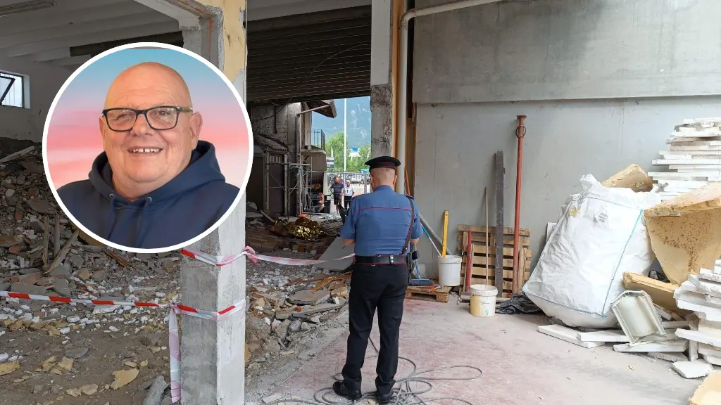Il capannone in cui è avvenuta la tragedia. Nel tondo la vittima, Angelo Giacomini © www.giornaledibrescia.it