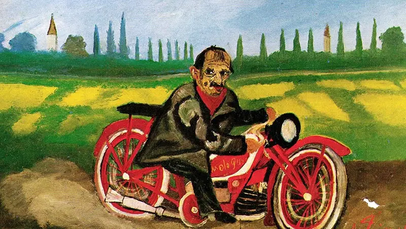 Un autoritratto di Antonio Ligabue in sella alla sua moto Guzzi, 1953