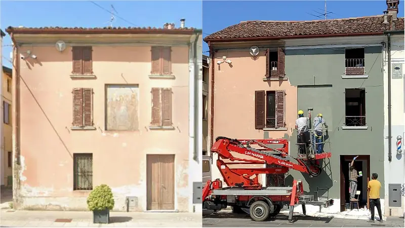 A sinistra l'affresco, a destra i lavori eseguiti questa mattina © www.giornaledibrescia.it