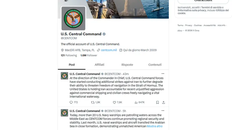 L'annuncio del Central Command su X