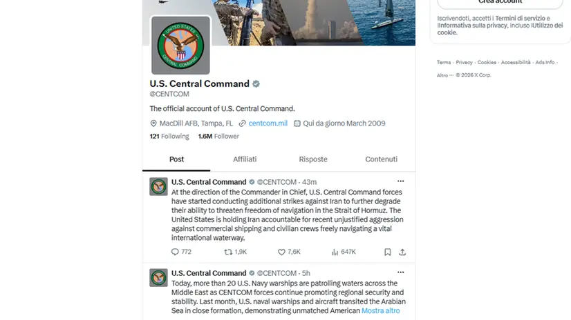 L'annuncio del Central Command su X