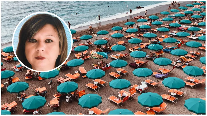 La foto (simbolica) di uno stabilimento balneare e, nel tondo, Giuseppina Zucchinelli