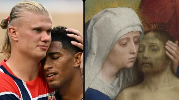 L’abbraccio tra Haaland e Bellingham diventa un frammento della Lamentation del fiammingo Gerard David