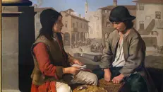 «Portaroli che giocano a carte sulle ceste di vimini», il quadro in vendita di di Ceruti
