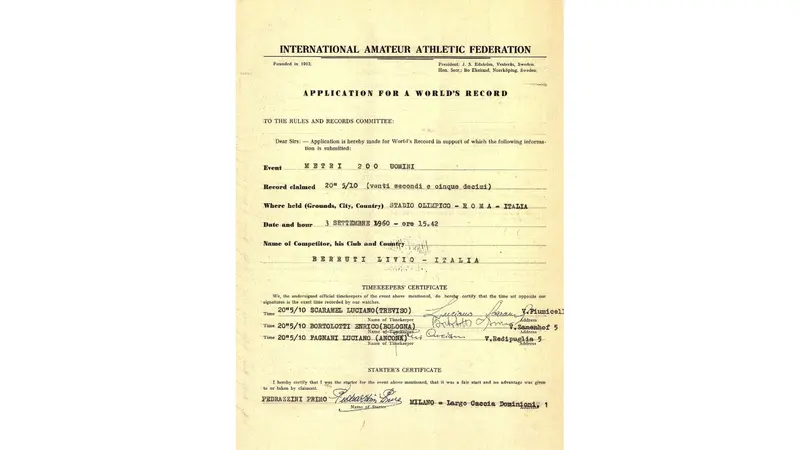 Il documento originale della Iaaf che ratifica il primo record mondiale di Berruti: appartiene alla collezione di Ottavio Castellini