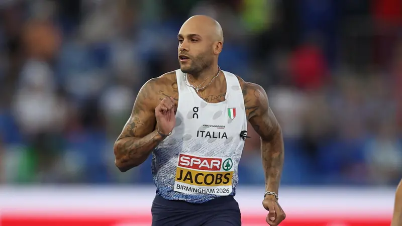 Marcell Jacobs in azione sulla pista degli Europei di Birmingham - Foto Ansa © www.giornaledibrescia.it