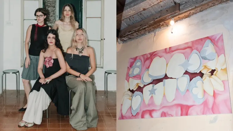 Il team di Nita (El Hafidi in basso a destra) e un'opera di Alessandro Frau, Social Media - Rubina Stradella, courtesy NITA