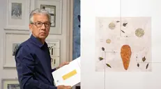 Franco Rinaldi e, a fianco, l'opera «Solo i poeti raccolgono le foglie d'autunno»