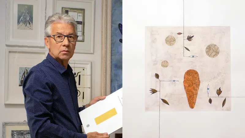 Franco Rinaldi e, a fianco, l'opera «Solo i poeti raccolgono le foglie d'autunno»