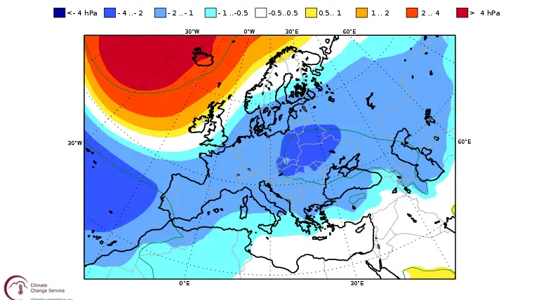 Le anomalie della pressione media al livello del mare previste a febbraio in Europa - Fonte Ecmwf