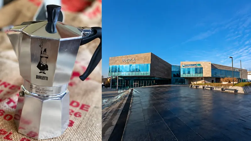 Un moka Bialetti, a sinistra, e il quartier generale di Cassa Padana a Leno, a destra